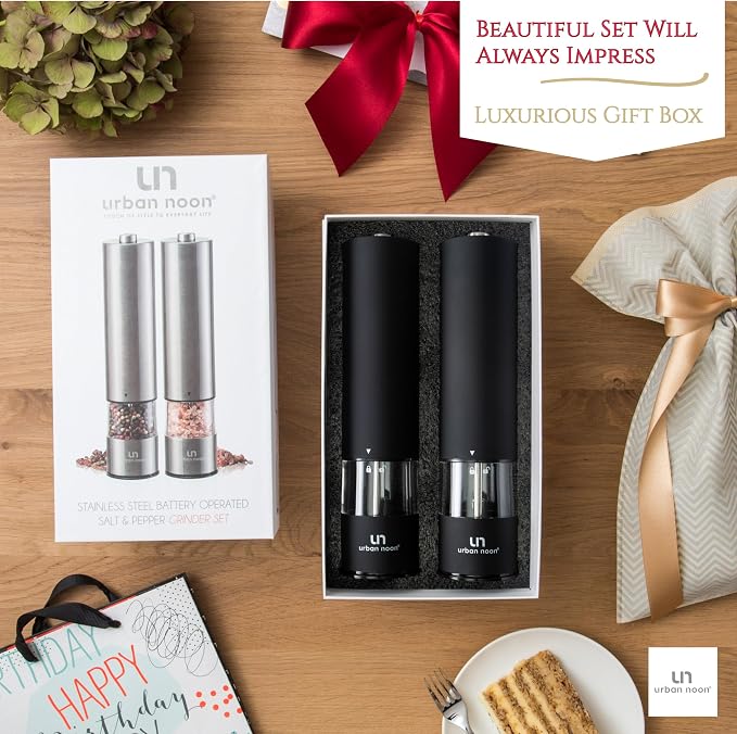 Urban Noon Electric Salt and Pepper Grinder Set (2 Mills, 8.1" Tall) - One-Handed Push-Button Mills with LED Light, Adjustable Ceramic Coarseness, Gift-Ready Box, 1-Year Warranty - Black
