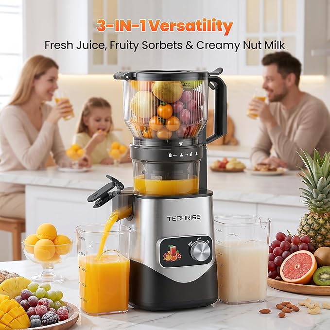 TECHRISE Cold Press Juicer – 6" Wide Chute Fits Whole Fruits & Veggies, Slow Juicer with Ice Cream Maker, 300W Motor, Easy Cleanup, Blade-Free Safety – Bring the Goodness Home for Your Family