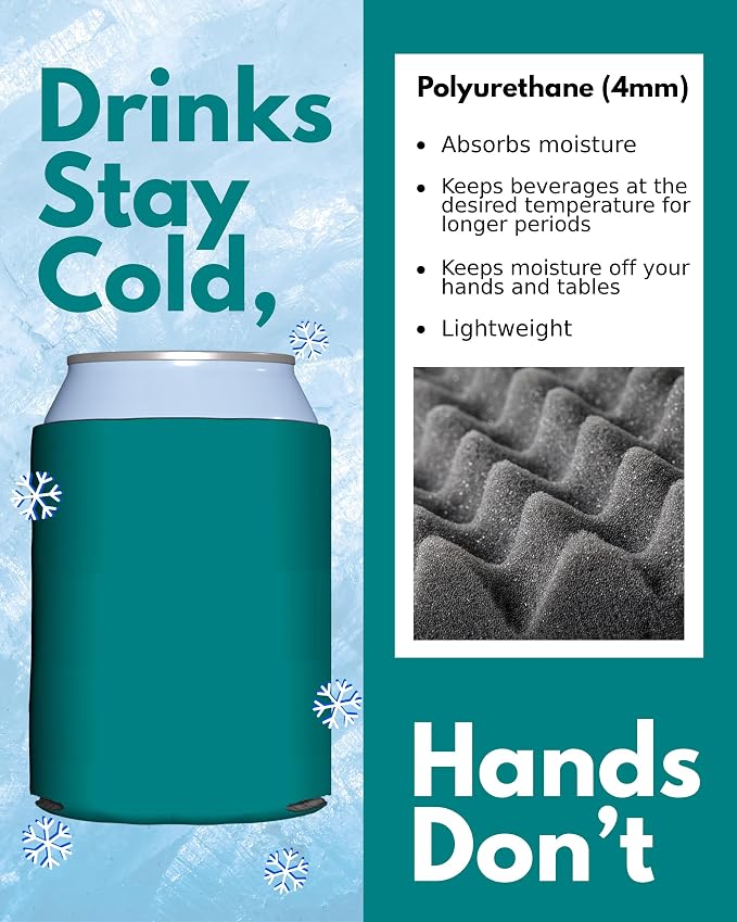 PartyPrints 200 Pack Teal Blank Can Cooler Sleeves, Customizable Bulk Insulated Foam for Beer, Collapsible Plain Drink Holder, Cold Soda Insulator, 12oz Regular, 16oz Tall Cans