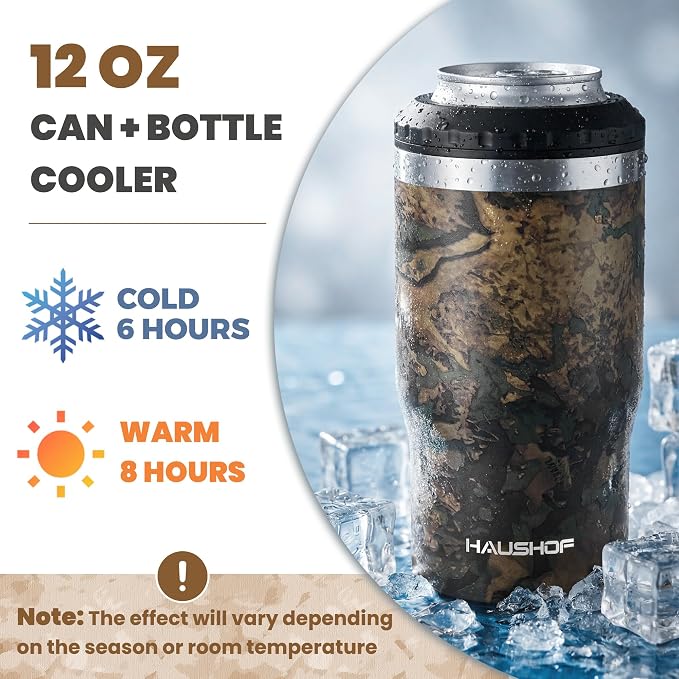 HAUSHOF 4-in-1 Insulated Can Cooler for 12oz Cans & Beer Bottle, Camo Green | Double-Wall Vacuum Insulated, 18/8 Stainless Steel, BPA-Free Lid, Slim Can Cooler for Camping, Beach & Picnic