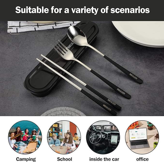 iNKULEER Travel cutlery set, 18/8 stainless steel cutlery, Reusable utensils set with case, Portable Silverware Lunch Box for Camping and Office