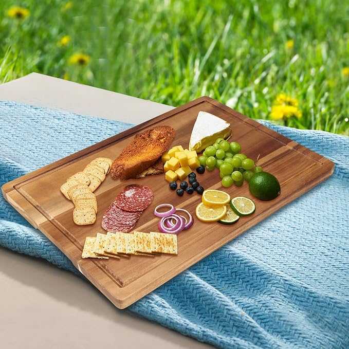 17" Acacia Wood Cutting Boards for Kitchen Meat Large Wooden Chopping Board | Best Cheese Charcuterie Boards Decorative Solid Hardwood Cutting Board Non Toxic Thick Butcher Block Big Serving Bread Board