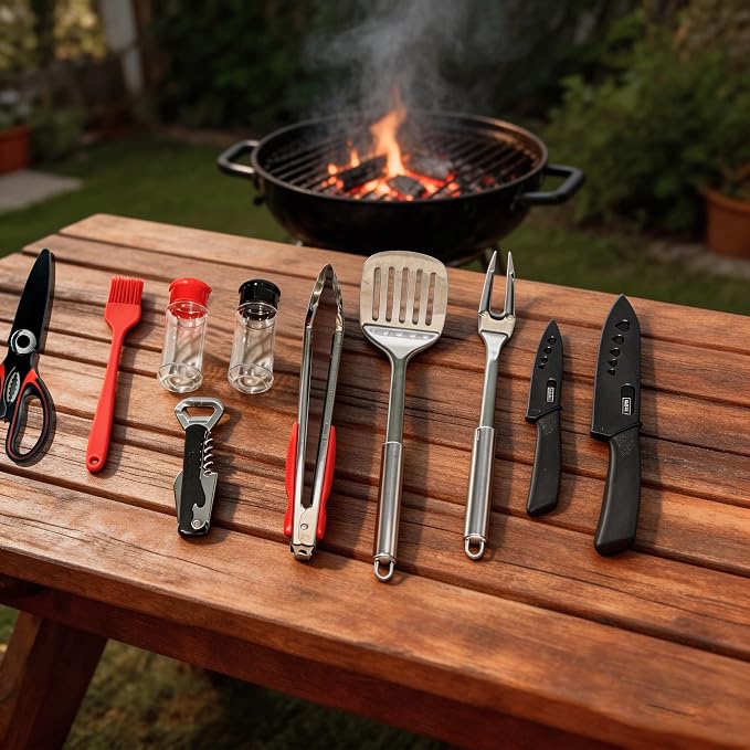 12 Pcs Camping Cooking Utensil Set, Camp Kitchen Set with Organizer Bag, Stainless Steel Outdoor Cooking and Grilling Utensil Organizer for Travel, Picnics, Camping, BBQs, Parties