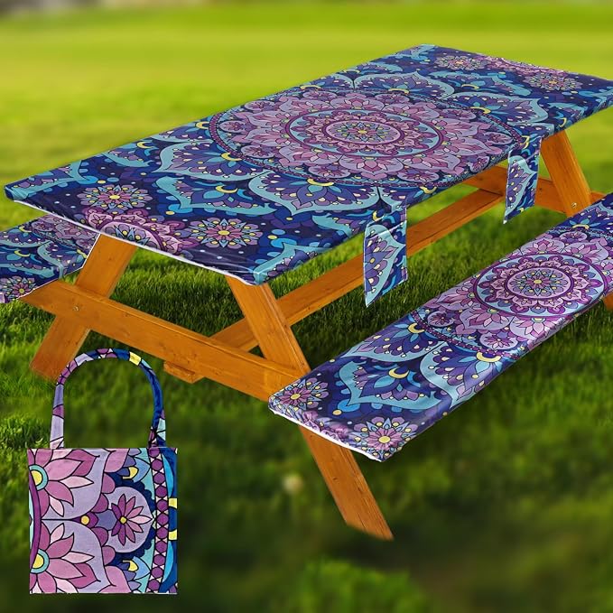 Fitted Picnic Table Cover with Bench Covers Waterproof Elastic Edges Rectangle Patio Tablecloth Outdoor Camping Essentials Stuff Rv Accessories Summer Trip Travel Camper Gifts for Woman Men, 96in 8 ft