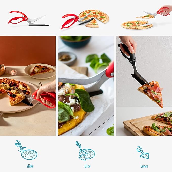 Dreamfarm Scizza 2-In-1 Easy Ergonomic Pizza Scissors with Stainless Steel Pizza Cutter Blades & Non-Stick Slice Server - Red | Cuts and serves pizza with non-scratch, heat resistant serving base, spring-loaded German stainless steel blades