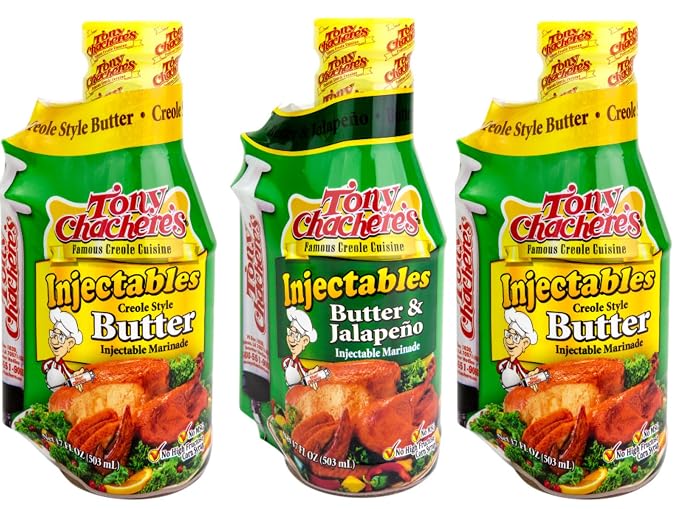 Tony Chachere Injectable Marinade Variety Pack, 2 Butter and 1 Butter and Jalapeno, 17 Fl. Oz, 3 Count