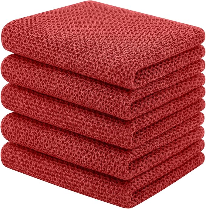 Homaxy 100% Cotton Waffle Weave Kitchen Towels, 5-Pack, Brick Red | 13 x 28 Inches, Ultra Soft Absorbent Dish Towels, Quick Drying Cleaning Towels