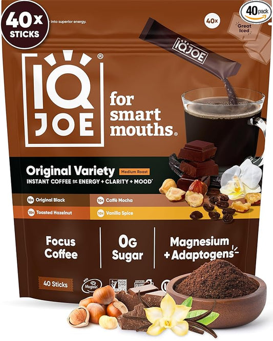 IQJOE Mushroom Coffee Packets (40 Servings) Lion’s Mane, Magtein Magnesium, Antioxidants, Adaptogens - Variety Pack - Instant Coffee for Focus, Clarity, Mood, Energy Boost - Sugar Free, Keto, Vegan