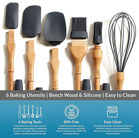 Baking Utensils Set 6 Pieces - Spatula Set for Baking - Baking Essentials 3 Spatula, 2 Pastry Brush, 1 Whisk - Spatulas Silicone Heat Resistant - Silicone Cooking Utensils - Gift for women - Dark Grey