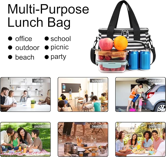 Lunch Bags for Women/Men, Insulated Lunch Bag for Work Office Picnic - Lunch Cooler Bag Leakproof Lunch Box with Adjustable Shoulder Strap - Stripe