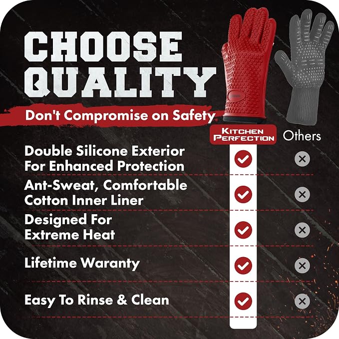 KITCHEN PERFECTION S Silicone Smoker BBQ Gloves - Heat Resistant Oven Mitts | Waterproof, 5-Finger Design For A Better Grip, for Pitmasters, Meat Smoking, Grilling, Cooking, Frying Turkey | Grill Gift