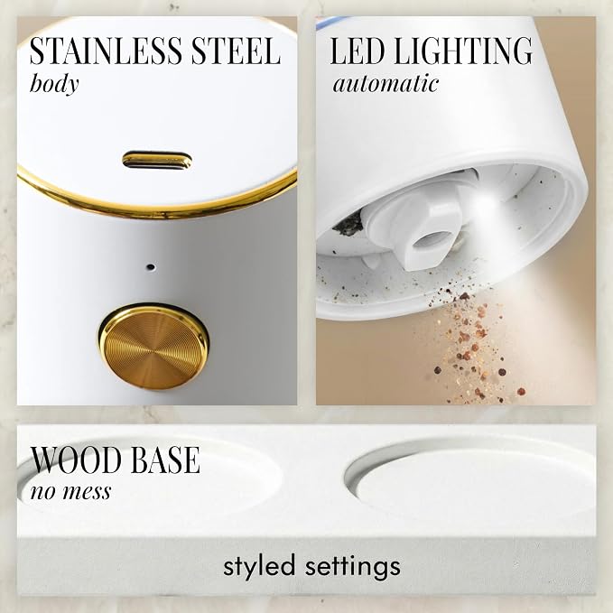 White Electric Salt and Pepper Grinder Set – Automatic Salt and Pepper Grinder Set with USB Rechargeable Design, One Touch Control, Adjustable Coarseness, LED Light, Sleek Stainless Steel Body
