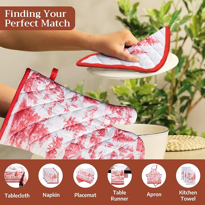 Maison d' Hermine 100% Cotton Oven Mitt & Pot Holder Set (7.5"x13" & 8"x8") | Heat Resistant BBQ Cooking Gloves with Loop Baking Grilling Kitchen Hotel Home Farmhouse Thanksgiving Christmas - Winter Jouy
