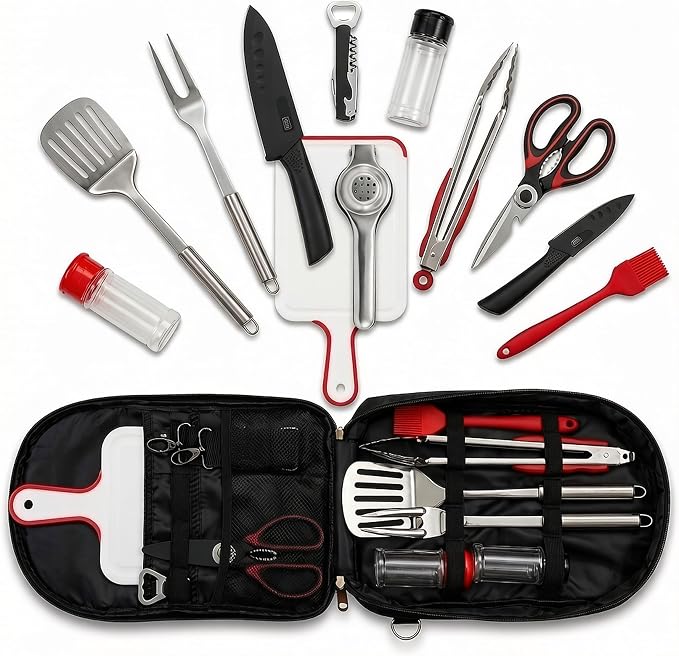 12 Pcs Camping Cooking Utensil Set, Camp Kitchen Set with Organizer Bag, Stainless Steel Outdoor Cooking and Grilling Utensil Organizer for Travel, Picnics, Camping, BBQs, Parties