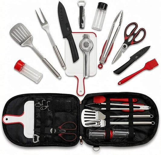 12 Pcs Camping Cooking Utensil Set, Camp Kitchen Set with Organizer Bag, Stainless Steel Outdoor Cooking and Grilling Utensil Organizer for Travel, Picnics, Camping, BBQs, Parties