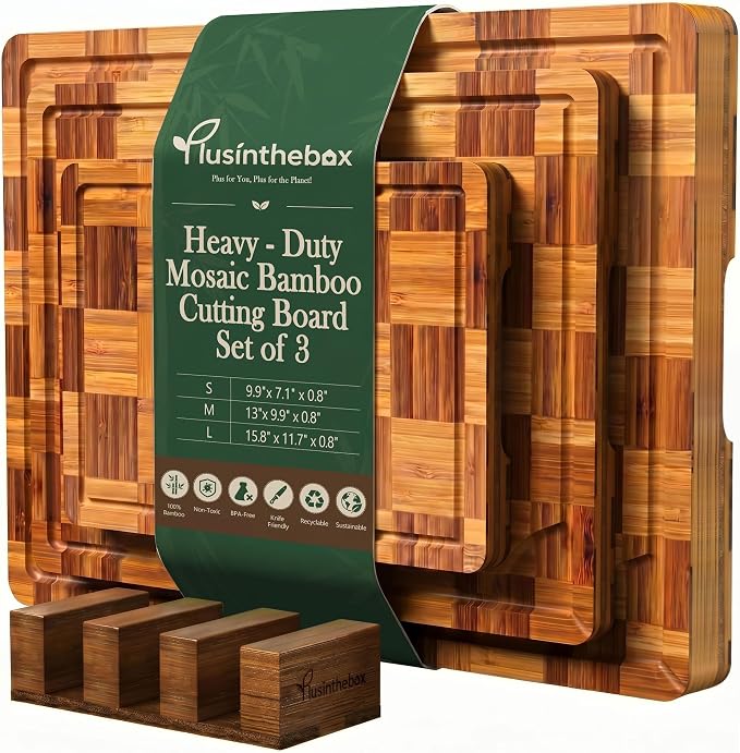 Checkered Cutting Board Set with Holder, Set of 3 Heavy Duty End Grain Butcher Block Boards for Kitchen, Bamboo Chopping Boards with Juice Grooves and Handles for Meat, Vegetables and Meal Prep