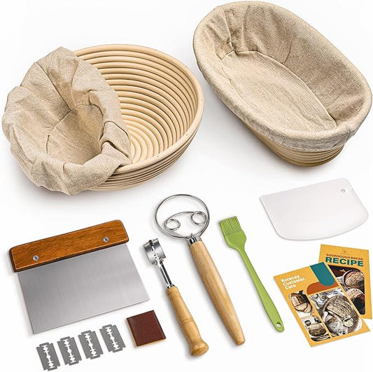 RORECAY Bread Banneton Proofing Basket Set, 9 Inch Round & 10 Inch Oval Cane Sourdough Baskets with Dough Whisk Lame Dough Scraper Bowl Scraper Silicone Brush Sourdough Bread Baking Supplies