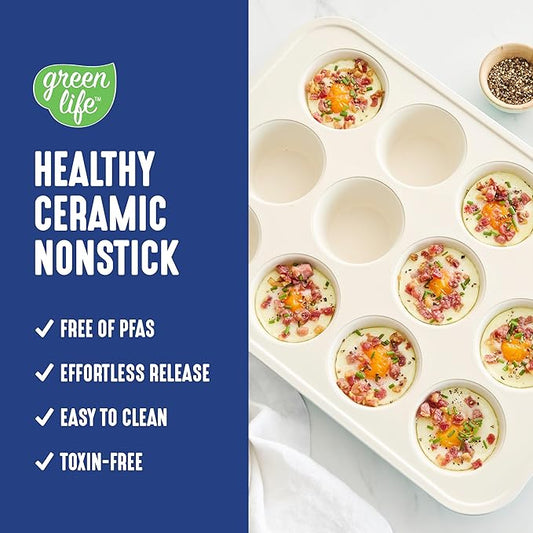 GreenLife 12-Cup Muffin Pan, Healthy Ceramic Nonstick Bakeware, PFOA & PFAS-Free Cupcake Sheet, Durable Baking Tray, Versatile Kitchen Essentials, Easy Clean Muffin Mold, Nonstick Baking Pan, Blue