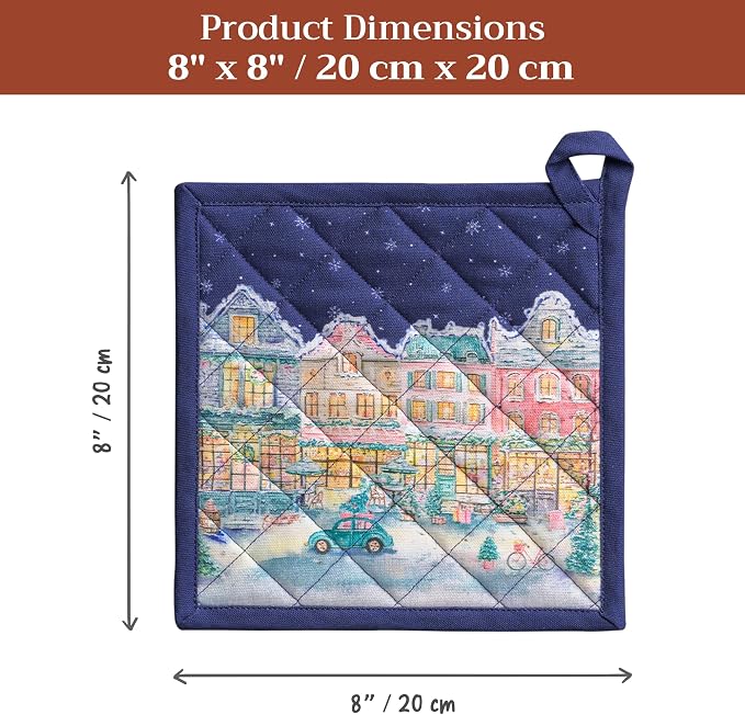Maison d' Hermine Pot Holders 100% Cotton Potholders (8" x 8", Pack of 1) | Heat Resistant Hot Pads with Loop BBQ Cooking Kitchen Handling Hot Pans Thanksgiving Christmas - Christmas Market - Blue
