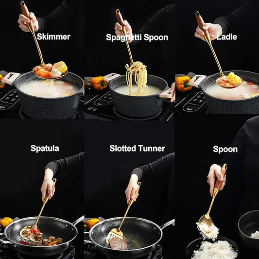 Gold Kitchen Utensils Set with Wooden Handle, 6 PCS Professional Cooking Utensils Set, Wok Spatula, Ladle, Skimmer, Slotted Spatula Turner, Spaghetti Spoon, Large Spoon