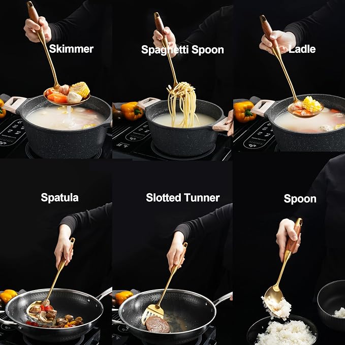 Gold Kitchen Utensils Set Stainless Steel 9 PCS with Wooden Handle | Food-grade 304, Sturdy, Wooden Handle, Anti scald, Work with large batches, Good weight, Well Balance, 13-14 Inch