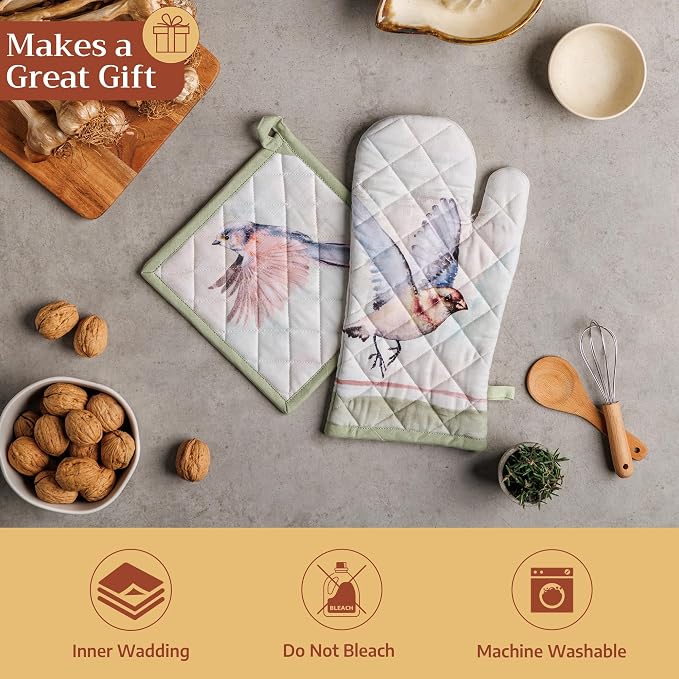 Maison d' Hermine Pot Holders 100% Cotton Potholders (8" x 8", Pack of 2) | Heat Resistant Hot Pads with Loop BBQ Cooking Baking Farmhouse Kitchen Handling Hot Pans Spring Summer - Flying Birds