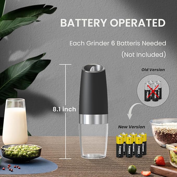 Battery Operated Salt And Pepper Grinder with LED Light, Automatic Electric Gravity Salt And Pepper Shakers, Each 6 AAA Batteries Needed, Adjustable Roughness, 1 Pack (Black)