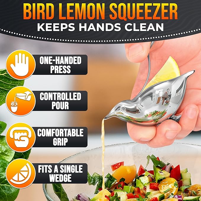 Bird Lemon Squeezer with Pour Spout, Tiny Stainless Steel Slice Press | Cute Citrus Wedge Juicer for Limes, Mess-Free, Dishwasher Safe, a Mini Travel Size for Tea Service, Seafood, and Cocktails