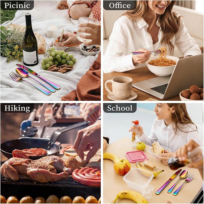 Travel Utensils with Case, Stainless Steel Portable Cutlery Set, Lunch Box Silverware for Work Camping Picnic, Reinforced Case with Snap-Lock Closure, Include Fork Spoon Knife Chopsticks, Rainbow