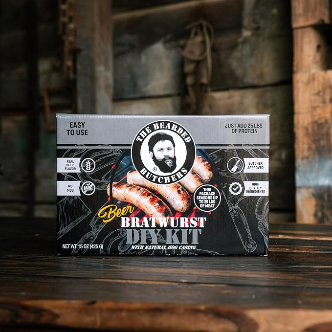 Bearded Butchers Beer Bratwurst DIY Kit, Seasoning & Hog Casing Makes 25 lb | Real beer flavor, 15 oz seasoning & 32-35mm natural hog casings, for pork, beef, venison & wild game, grill or smoke
