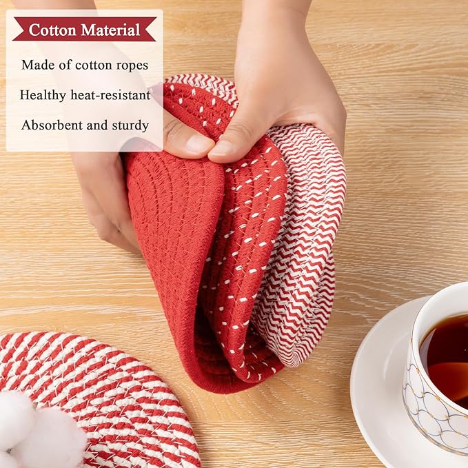 SHACOS 8 Inches Trivets for Hot Dishes, 4 Pieces Cotton Trivets Mats for Kitchen, Hot Pads for Countertops and Table, Heat-Resistant Pot Holders for Hot Pots and Pans(Red, 4pcs)