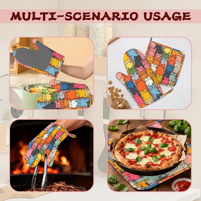 Funny Cat Oven Mitts and Pot Holders 4 Piece Set,Heat-Resistant Silicone Extra Long Non-Slip Kitchen Oven Gloves for Cooking, Baking, BBQ,Grilling