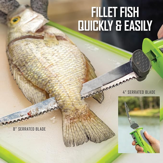 Smith’s Mr. Crappie Slab-O-Matic Electric Fillet Knife - Removable 8” & 4.5” Serrated Stainless Steel Blades w/ Sheaths - Fillet Glove & Mesh Storage Bag - Fishing, Outdoor, Hunting Electric Knife