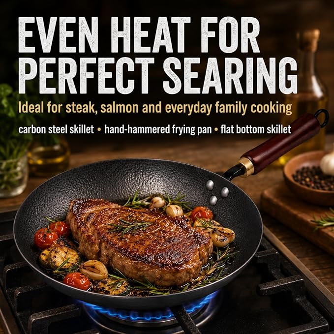 Calmabode 10.5" Hand Hammered Carbon Steel Skillet for Searing | Uncoated surface; removable handle for oven use, smoother food release with seasoning, and compatibility with all stovetops.