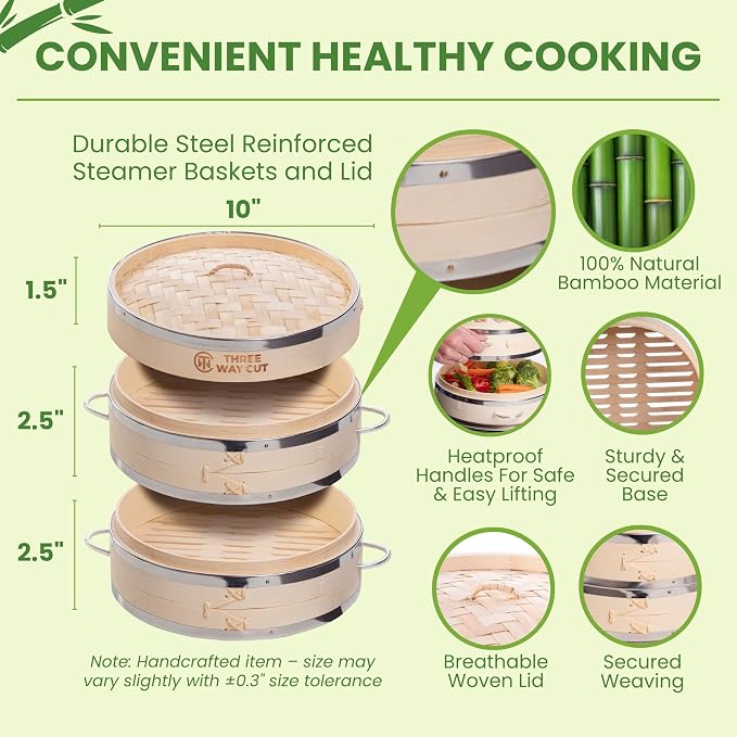 Bamboo Steamer Basket 10 Inch - Dumpling Steamer Basket 2 Tier with Steel Rims, Handles, Lid & Accessories, Bamboo Steamers For Cooking Steam Bao Bun Dim Sum Potsticker Veg, 10" Food Steaming Baskets