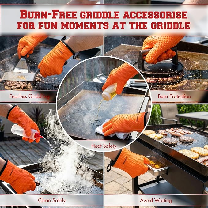 KITCHEN PERFECTION Silicone Griddle Grill Gloves Heat Resistant Oven Mitts | Waterproof, 5-Finger Design For A Better Grip, Best Griddle Grilling Accessories, Compatible with Blackstone, Weber & More