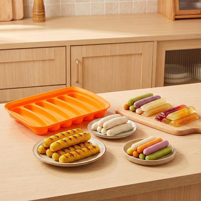Silicone Sausage Mold 2 Pcs with a Set of Silicone Brush Spatula and 25x Pastry Bags, Non-Stick Hot Dog Bun Pan, DIY Handmade Ham Sausage, Hot Dogs Baking Mold for Children's Food with Lid, Orange*2