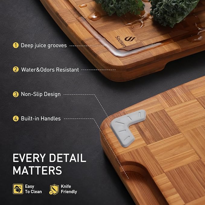 Extra Large Bamboo Wooden Cutting Board Wood Cutting Boards for Kitchen | Heavy Duty, End Grain, Non Toxic, Non Slip, Cutting Board Set, Solid Thick, Juice Groove, Butcher Block, Best Kitchen Gift