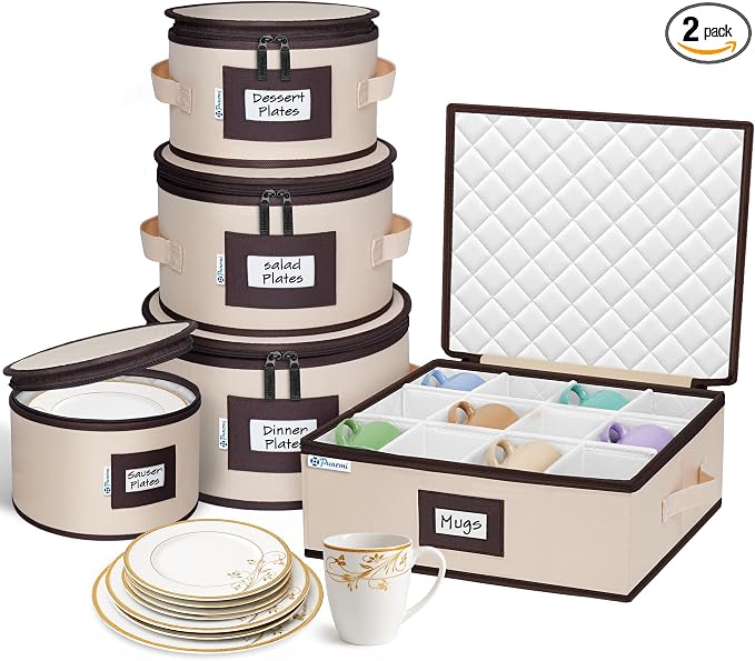 punemi Fine China Storage Containers, 5-Piece Hard Shell Set for Moving | Quilted dish protectors; with dividers, stackable organizer for coffee mug plates and dinnerware, for packing & moving, beige