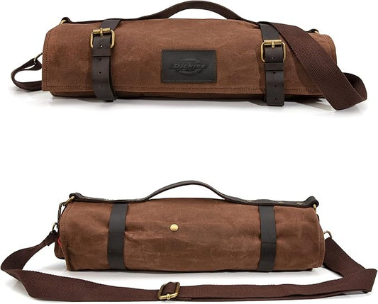 Dickies Chef Knife Roll Bag Portable Organizer and Cutlery Storage Roll, Waxed Canvas and Leather, Medium