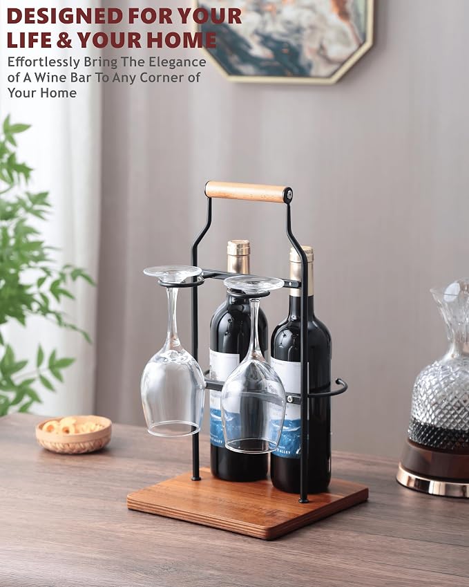 Countertop Wine Rack and Glass Holder | Portable Wine Caddy Holds 2 Bottles & 2 Glasses | Small Wine Rack with Wood Base, Perfect for Tabletop Wine Storage & Home Bar Decor (Black)
