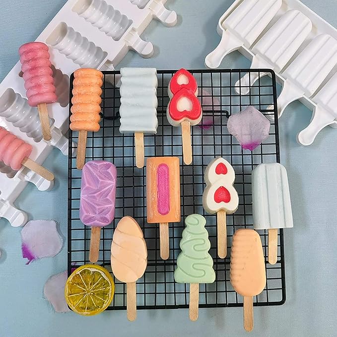 Vilihkc 2 Pack 4 Cavity Silicone Popsicle Molds for Kids with 50 Wooden Sticks