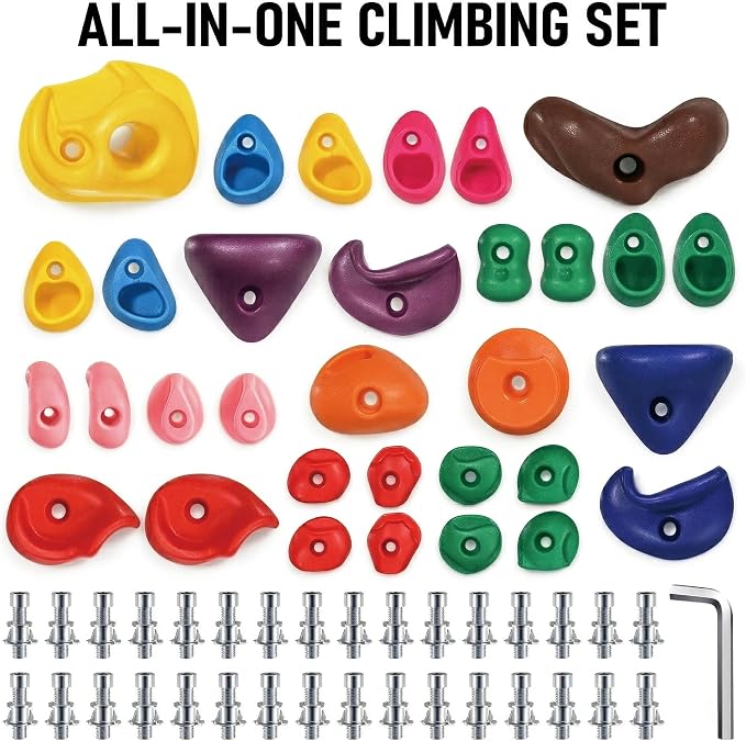 Rock Climbing Holds for Kids, 32 PCS Rock Wall Holds with Hardware, Indoor Outdoor Climbing Grips for Backyard Playset & Home Wall, Easy Install, Multicolor