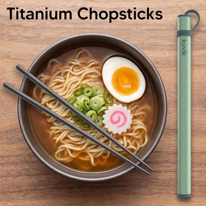Kuvik Titanium Chopsticks with Mint Green Carrying Case