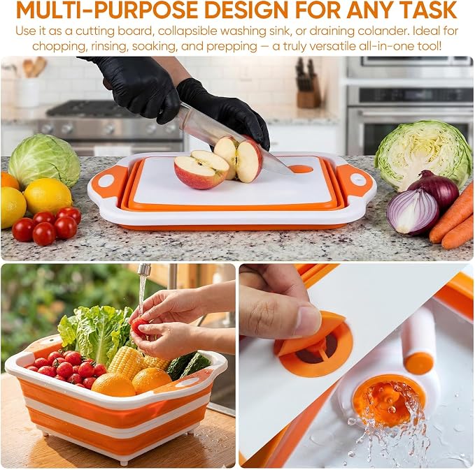 Collapsible BBQ Prep Tub with Lid, Foldable Camping Sink with Colander, Cutting Board, Dish Basin for Kitchen, Bowl, Vegetable and Fruit, Storage Basket for Picnic-Orange