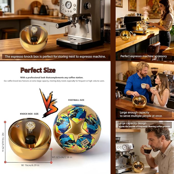 Espresso Knock Box with Glass Lid, Magnetic Knock Bar, Shock-Absorbing Base – Holds 20 Pucks (Gold) | Large Capacity, Stainless Steel ,Coffee Knock Box