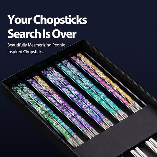 Phoenix Chopsticks Metal Reusable Designed In Korea Japanese Style Stainless Steel 316 18/10 Non-Slip Dishwasher Safe Laser Etched (Rainbow - 5 Pairs)
