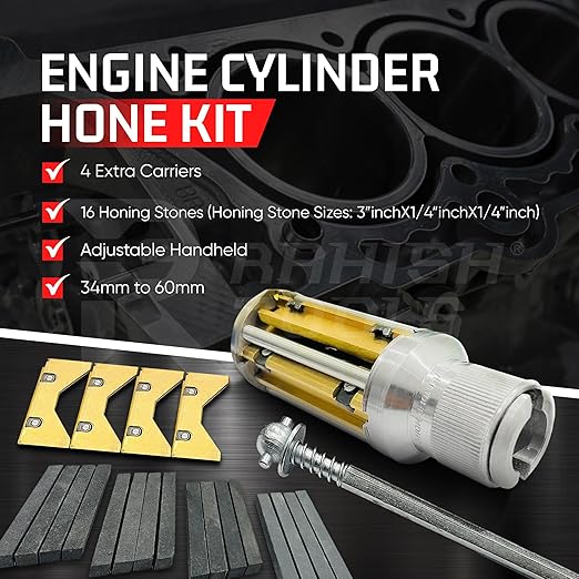 Engine Cylinder Hone Kit 34mm to 60mm with 4 Extra Carriers Adjustable Handheld Honing Machine Tool Kit with 16 Stones Sizes 3" x1/4" x1/4" - Works for Mid-Size to Larger Car Engines