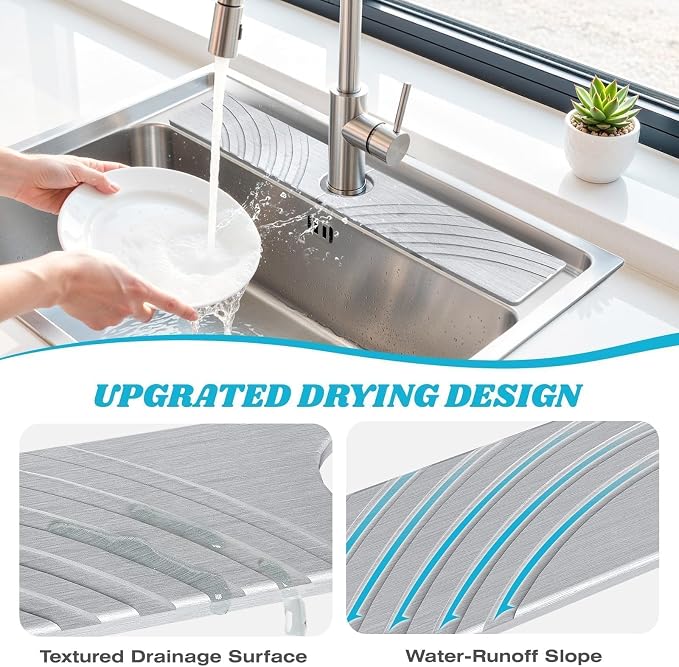 SpaceHacks Stone Faucet Mat for Kitchen Sink - Fast Drying Diatomite Stone Drying Mat, Textured Drainage Sink Protector, Water Splash Guard with Base Pads for Bathroom Counter (23.7x4 in, Light Gray)