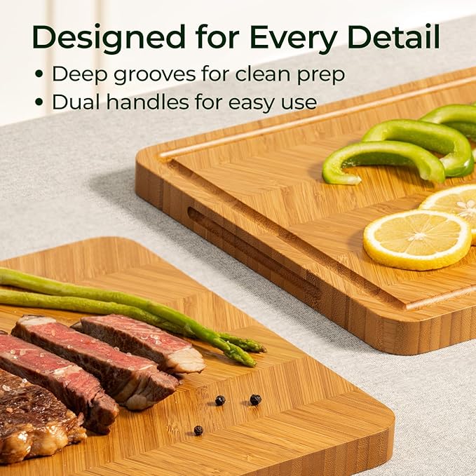 Atelier Collection Bamboo Cutting Board, Reversible Boards for Kitchen with Deep Juice Grooves and Handles, Large Wood Chopping Board for Cooking and Serving, Handcrafted Luxury Cutting Board